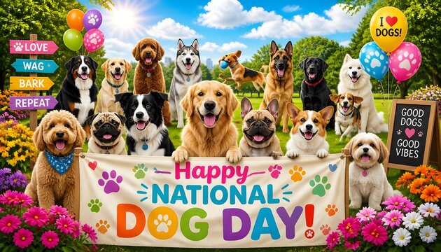 Happy National Dog Day celebration banner with group of diverse happy dogs in a sunny park with flowers and balloons