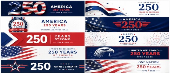 USA independence 250 anniversary patriotic banner set with flag stripes, stars, eagle, fireworks, bold numbers, sale promotion layout, social media background for national celebration marketing © dvoevnore