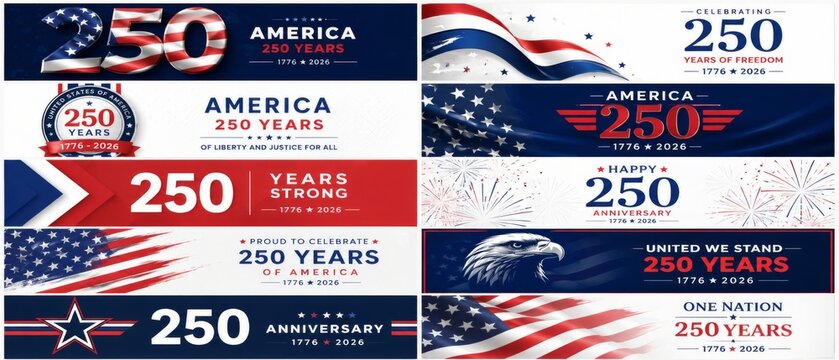 USA independence 250 anniversary patriotic banner set with flag stripes, stars, eagle, fireworks, bold numbers, sale promotion layout, social media background for national celebration marketing