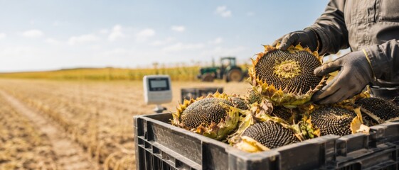 Sunflower harvest scene with farmer holding ripe sunflowers in field © dvoevnore