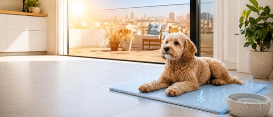 Golden retriever relaxes on cooling mat in sunny home during heatwave © dvoevnore