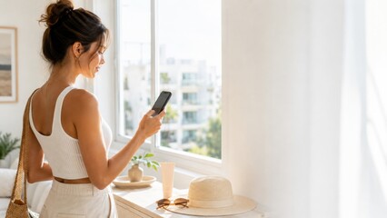 Woman in bright room using smartphone, related to summer selfcare concepts © dvoevnore