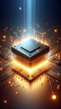 A glowing microchip with orange lights on a dark background