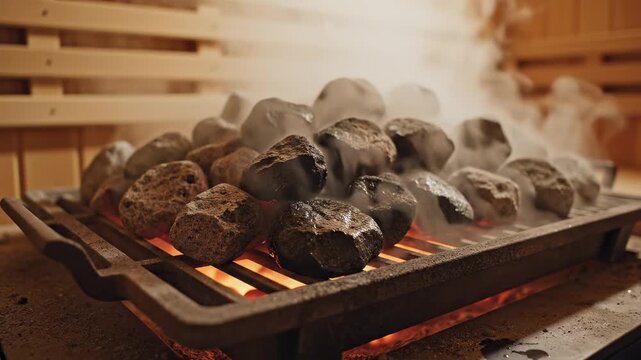 Hot sauna stones on metal heater, steam rising against wooden interior. Sauna theme reinforced through steam room vibe and dry heat ritual for wellness branding, spa menus