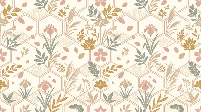 Vintage oriental background with traditional sakura iris blossoms and autumn grass pattern vector