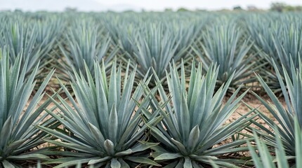 Obraz premium Mature agave plants close up, Blue green rosettes in field, Healthy desert crop detail, Selective focus agriculture photo, Premium stock image