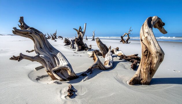 Horse and foal standing on snowy beach with seagulls.
