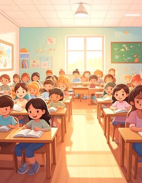 Diverse group of happy students learning in a sunlit classroom illustration.