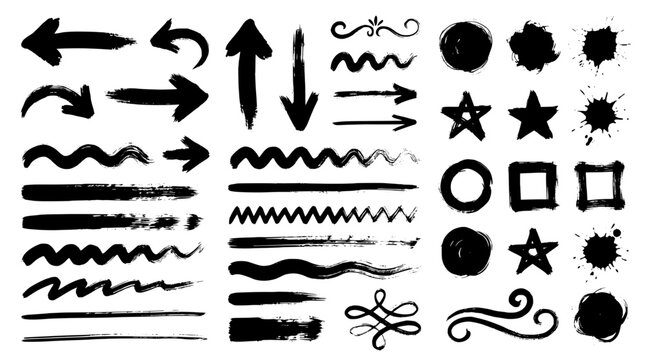 Black Brush Arrows Stars and Splatter Dividers Vector Set
