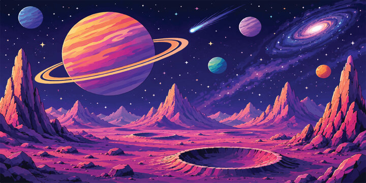 Vibrant Alien Planet Landscape with Ringed Planet, Pink Mountains and Cosmic Galaxy