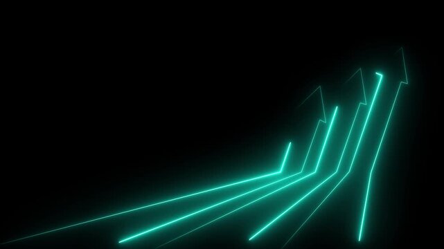 3 Glowing neon business arrows in a row slanted pointing up.4k motion graphics video animation