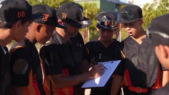 Focused coach drawing a game plan on a clipboard, instructing and mentoring his young team of boys during a sunny day baseball practice
