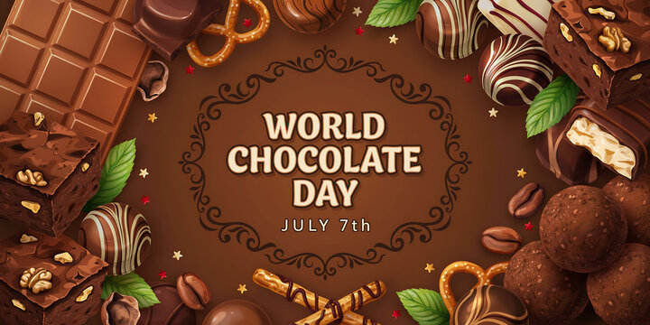 World chocolate day banner with delicious dark chocolate bars cocoa beans and sweet treats arranged in a festive frame design for a holiday celebration on july 7th in brown colors