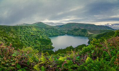 View on Caldera Funda, volcanic crater lake on Flores island of Azores, Portugal. © Kristof