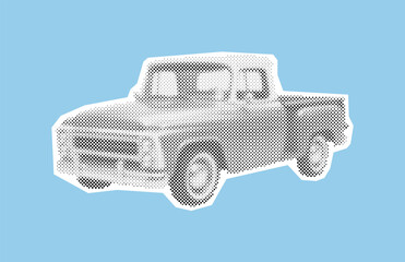 Classic pickup truck illustration of a vintage utility vehicle, rendered in a monochrome halftone pop art style for transport concepts © Mr. Stocker