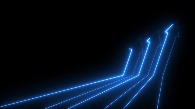3 Glowing neon business arrows in a row slanted pointing up.4k motion graphics video animation