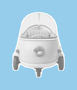 Vintage bubble car illustration of a classic three-wheeled microcar with a futuristic pod design, rendered in a retro pop art halftone style