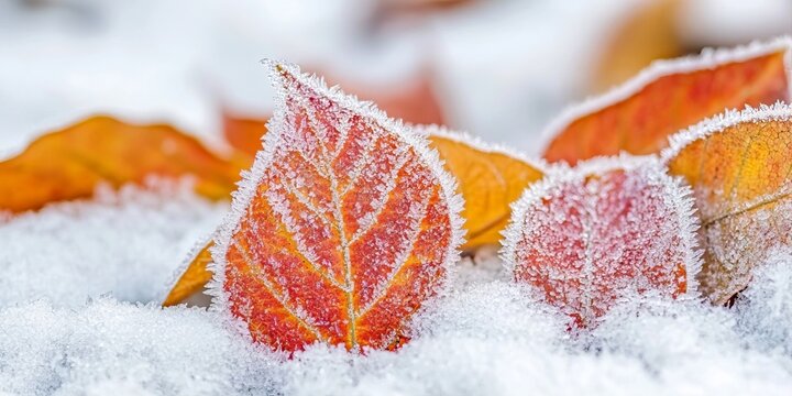 Stunning Close up View of Vibrant Autumn Leaves Covered in Frost Crystals Laying on White Fresh Snow