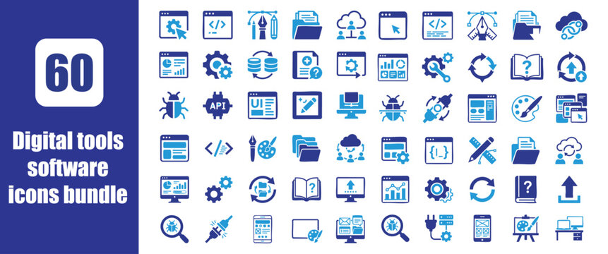 Digital Tools and Software Icons Collection for Web, Mobile Apps, Internet Communication, Technology, Business, UI, UX, Cloud Computing, and Digital Services Vector Set