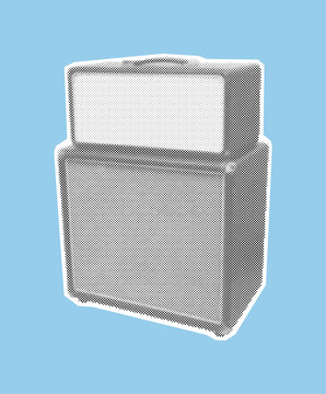 Classic guitar amplifier stack with a head and speaker cabinet for rock music, rendered in a vintage halftone illustration style