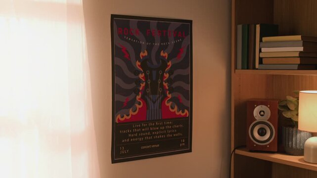 Rock festival poster hanging on wall with sunlight flickering over it next to bookshelf. Clip for music event marketing or youth lifestyle content