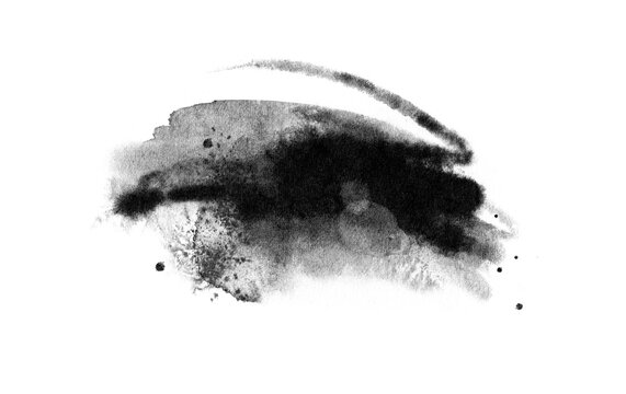 Abstract ink blob, grunge art. Black paint stroke texture in marble style. Wallpaper design. Hand drawn watercolor isolated illustration on transparent background