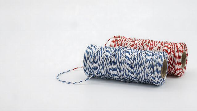 Two spools of red and blue striped cotton baker twine on a white background