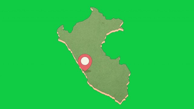 Animated Peru Map with Bouncing Location Marker on Lima City, Transparent Background, Alpha Channel, 4K resolution
