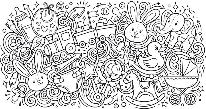 Hand drawn doodle set of baby toys and infant essentials with nursery decor illustration childhood playtime accessories pacifier stroller elephant handdrawn creative monochrome