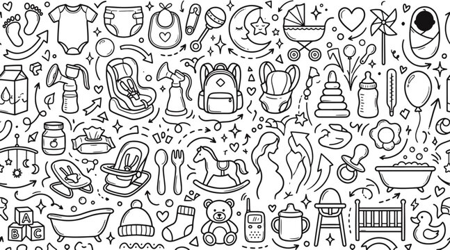 Baby items and newborn accessories seamless pattern doodle sketch with baby clothes nursery decor childhood accessories stroller pacifier illustration handdrawn background seamless