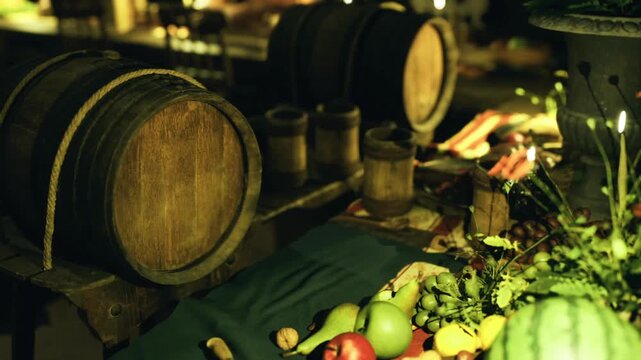 Cellar tasting table with barrels, casks and fresh fruit, oak textures and glassware set for sensory tasting, warm shadowed mood and artisanal display