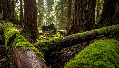Fototapeta premium Moss covered ancient stone wall in dense forest.