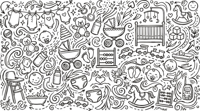 Seamless pattern with various baby items and nursery accessories nursery decor baby shower seamless childhood illustration stroller handdrawn creative monochrome parenthood