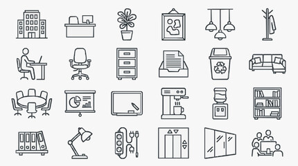 Fototapeta premium Creative Black and White Line Icons Set Featuring Office Home and Workspace Essentials with high quality professional line art symbols for modern creative design and digital branding projects