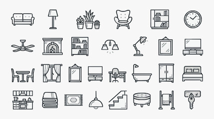 Fototapeta premium Minimalist Black and White Line Drawing Icons Set of Home and Office Furniture Decor and Appliances