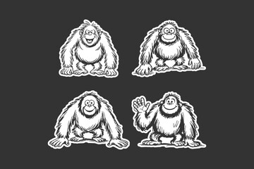 A collection of four expressive orangutan cartoon characters depicted in a detailed black and white ink sketch style, arranged as stickers against a dark background for versatile graphic design usage © DzgnVibe