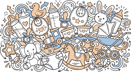 Obraz premium Baby toys and nursery essentials hand drawn doodle seamless pattern with illustration stroller pacifier elephant handdrawn background wallpaper childhood creative colorful elements