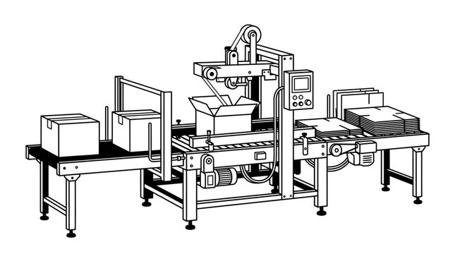 Automated packaging machine sealing cardboard boxes on conveyor belt line