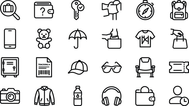 Vector line icon set of smart stadium lost and found facility customer service items tracking and personal belongings dashboard widgets
