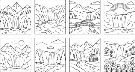 Obraz premium Narrow waterfall and bridge line drawing vector scene.