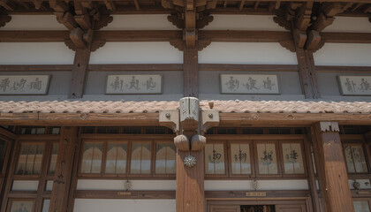 Fototapeta premium Traditional wooden architecture of an ancient temple building with ornate beams
