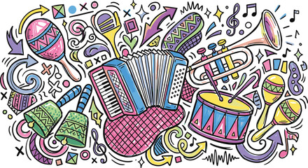 Musical instruments doodle pattern featuring hand drawn brass and percussion elements in colorful sketch style instruments illustration colorful accordion orchestra performance © tecna