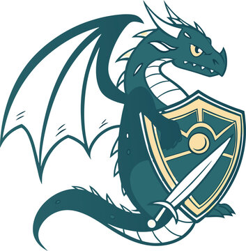 A fierce green cartoon dragon with white horns and wings, holding a golden shield and a silver sword, ready for battle.