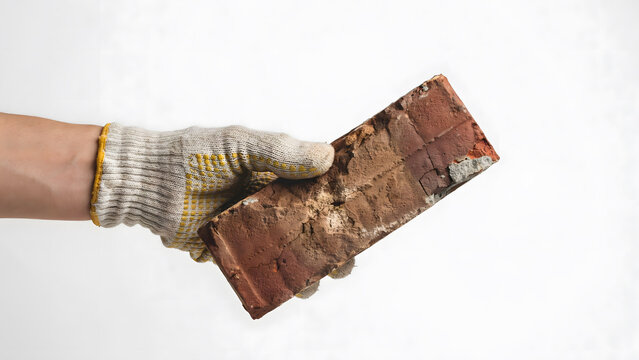 A hand in a construction glove holding a single weathered red brick