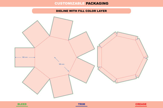 Seven-sided heptagonal box dieline template with lid and base, featuring technical fold lines, trim marks, and bleed margins on a pale background