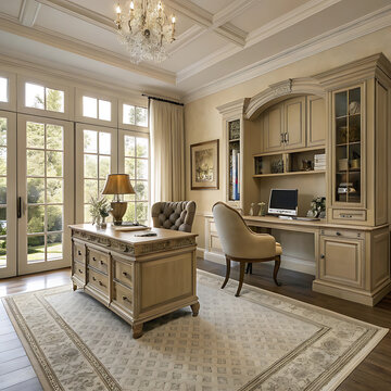 Elegant home office interior with classic furniture and scenic view
