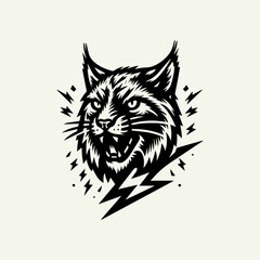 Obraz premium Stylized black and white illustration of a fierce lynx head with lightning bolts.