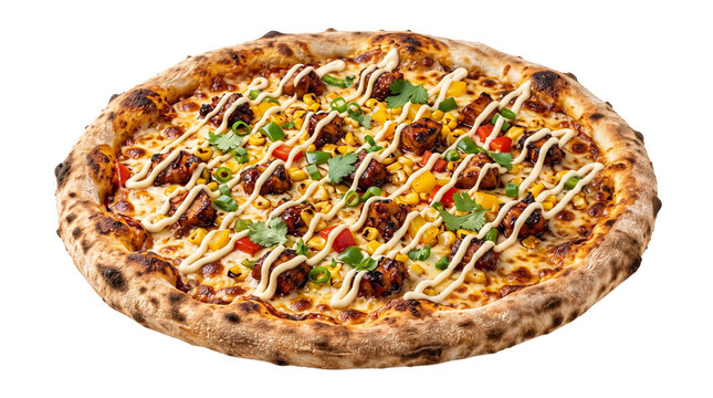 Gourmet chicken pizza with garlic sauce drizzle and fresh cilantro, wood-fired artisan pizza on white background, fusion style pizza with corn and peppers