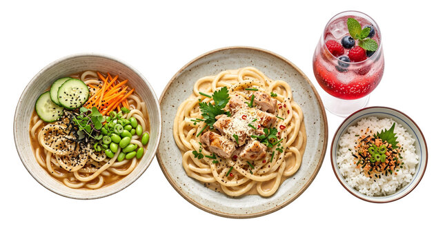 Japanese udon noodles and chicken pasta meal set, fresh asian fusion cuisine with rice bowl and berry cocktail, healthy restaurant food on white background