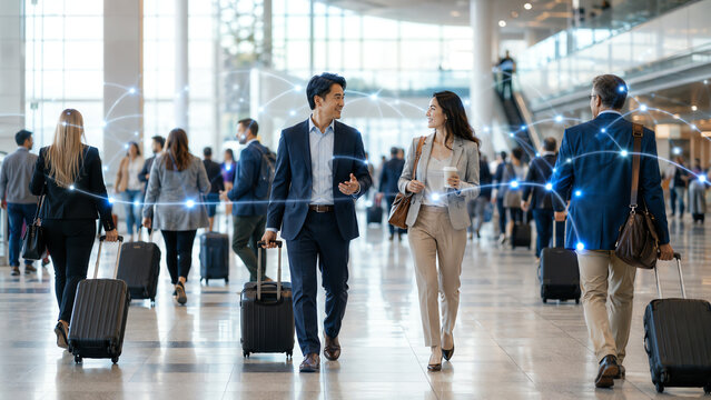 Business travelers navigate a bustling airport terminal with luggage, showcasing the essence of modern travel and connectivity.